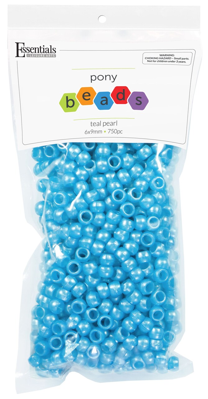 Essentials by Leisure Arts Pony Bead 6mm x 9mm Pearl Teal Opaque Plastic Pony Beads Bulk 750 pieces for Arts, Crafts, Bracelet, Necklace, Jewelry Making, Earring, Hair Braiding